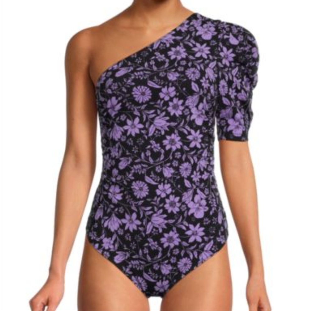Free People Bodysuit Somethin' Bout You One Sleeve Puff Shoulder Medium Top